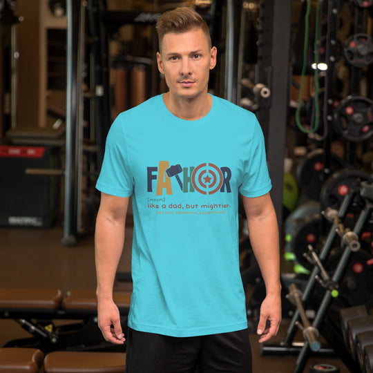 Unisex light blue t-shirt with "Fathor - Like a dad, but mightier" design, ideal for Father's Day.