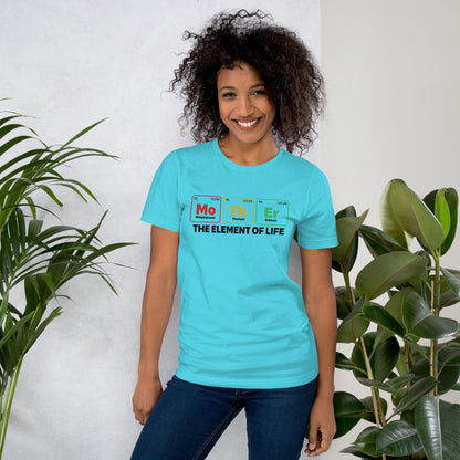 Light blue unisex t-shirt featuring "Mother - the Element of Life" design, worn by a model surrounded by plants.
