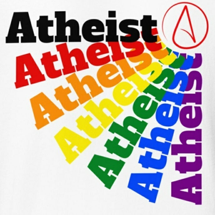 rainbow atheist t-shirt with colorful atheist symbol design