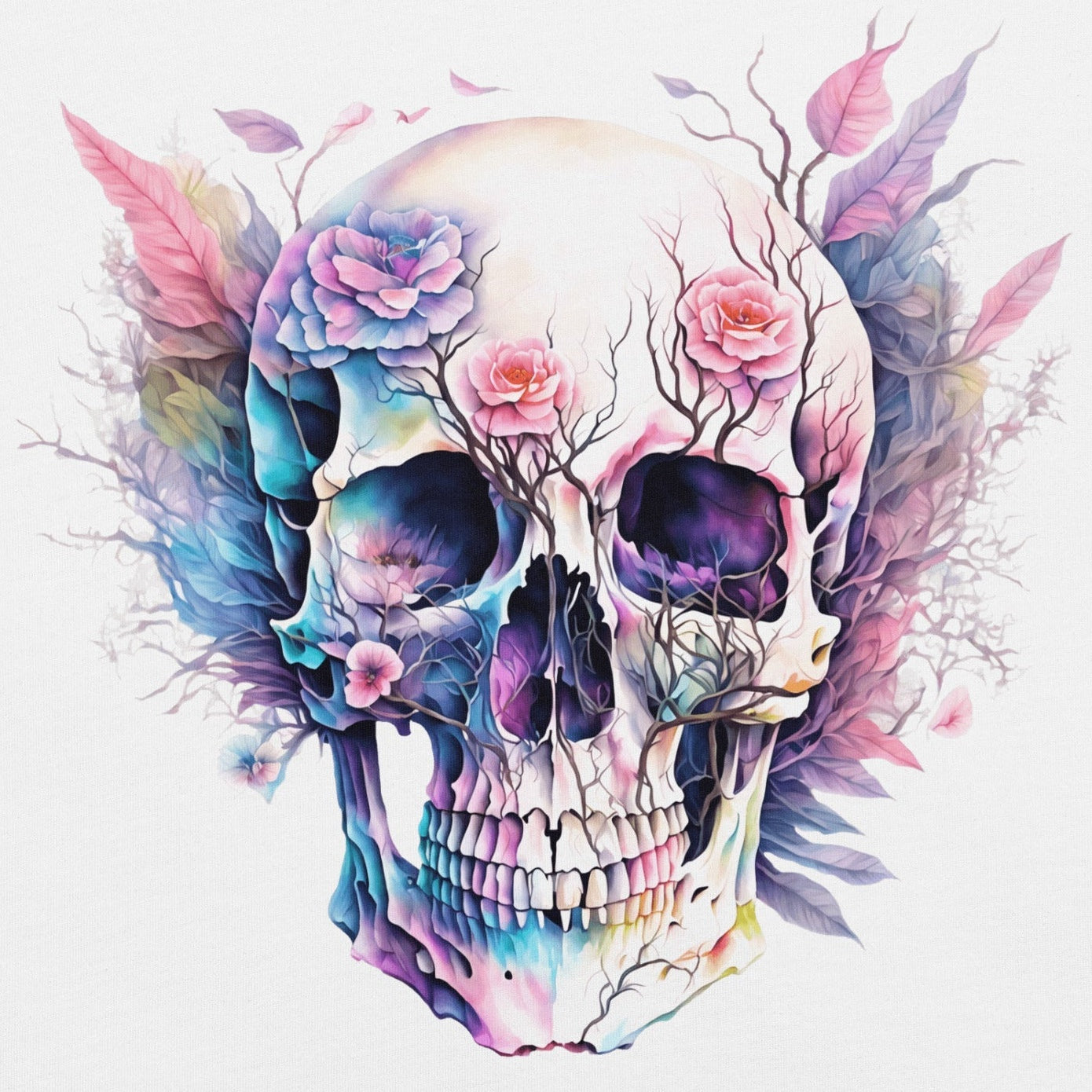 Floral skull design with roses and vines on a white t-shirt, symbolizing life and death.