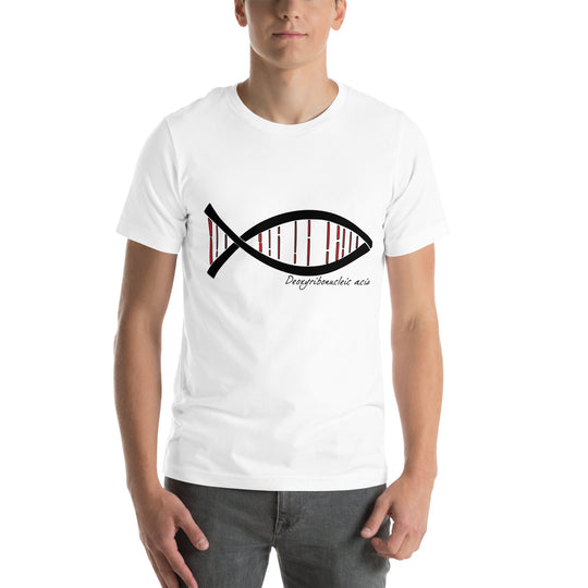 Unisex t-shirt with DNA fish design, merging science and style.