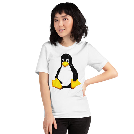 A young woman wearing a white T-shirt with the image of Tux, the Linux mascot