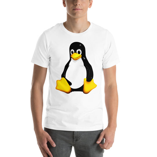 A young man wearing a white T-shirt wearing the image of Tux, the Linux mascot