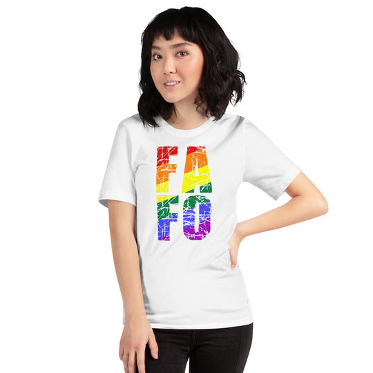 Unisex t-shirt with rainbow FAFO design, soft and lightweight fabric, comfortable fit.