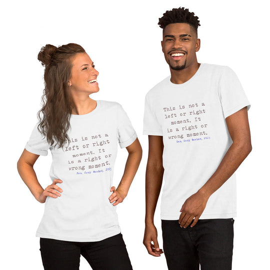 Unisex t-shirt featuring quote from Senator Cory Booker's 2025 Fuzzbuster speech, worn by a smiling man and woman.