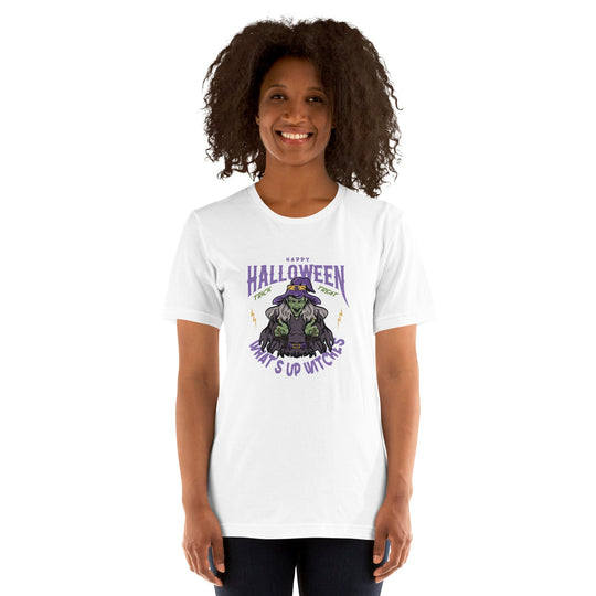 Unisex t-shirt with "What's up witches" Halloween design, soft and lightweight.