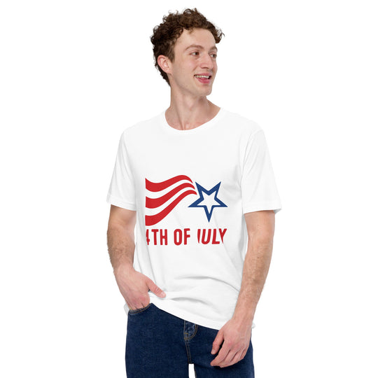 Unisex t-shirt with Fourth of July stripes and star design, perfect for Independence Day celebrations.