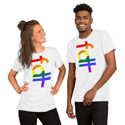 fdt pride colors unisex t-shirt with vibrant rainbow design, soft and lightweight fabric, worn by two models.