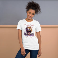 Unisex t-shirt with "Perhaps Decaf Next Time?" design, featuring a playful monster graphic on a soft white fabric.