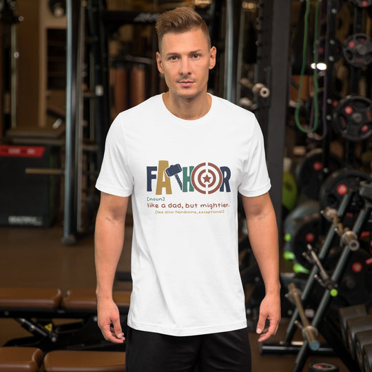 Unisex t-shirt with "Fathor - Like a dad, but mightier" design, soft and lightweight fabric.