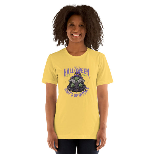 Unisex t-shirt with "What's up witches" Halloween design, soft cotton, yellow color.