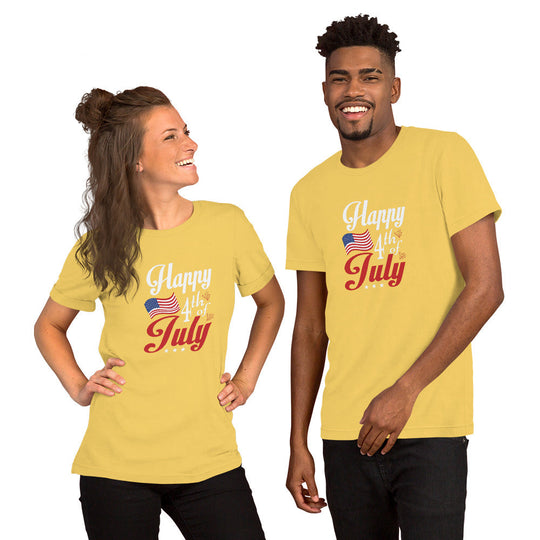 Unisex t-shirt with "Happy Fourth of July" in bold patriotic design, ideal for Independence Day celebrations.