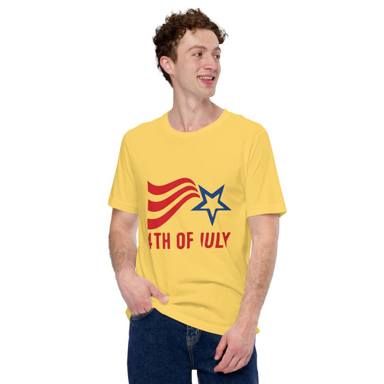 Unisex Fourth of July t-shirt with stripes and star design.
