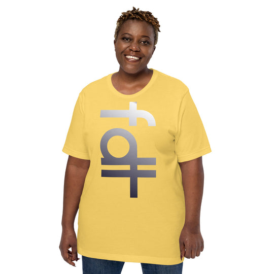 Unisex yellow t-shirt with FDT portrait design, featuring soft, lightweight fabric with stretch.