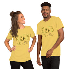 Unisex yellow t-shirt with "All you need is cats" print, soft and stretchy cotton blend.