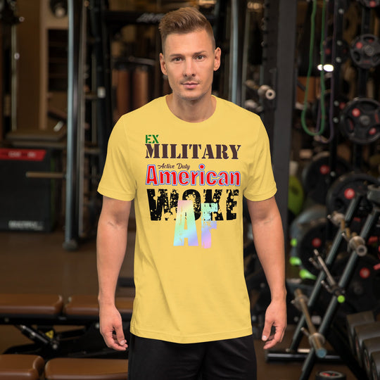 Ex Military Woke AF unisex t-shirt displayed in gym setting.