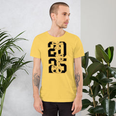 Unisex yellow t-shirt with vertical "Class of 2026" design.