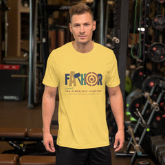 Yellow unisex t-shirt with "Fathor: Like a dad, but mightier" design, gym setting.
