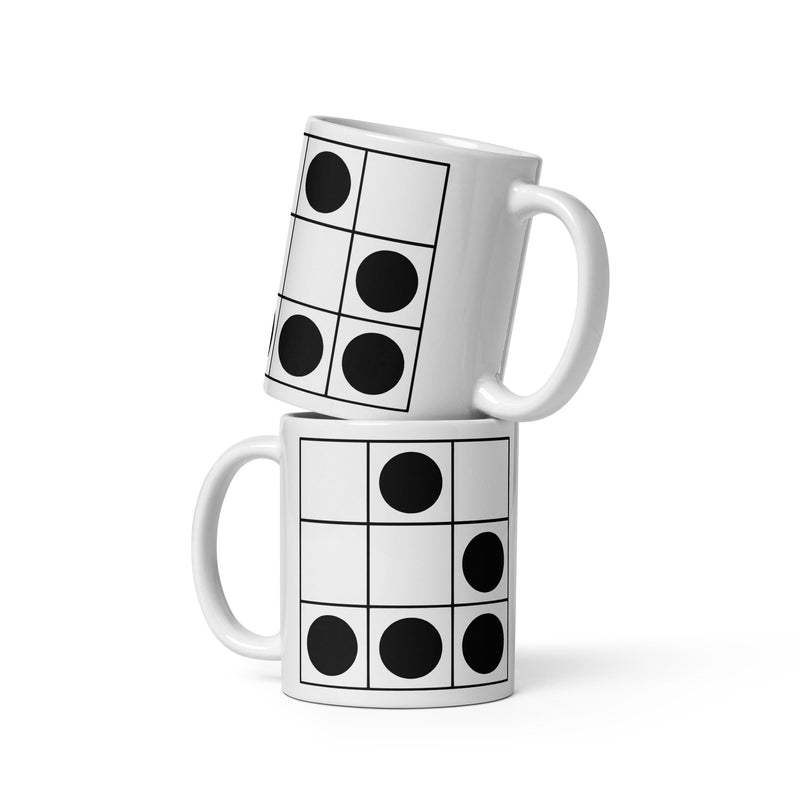 Coder Glider Coffee Mug, glossy white ceramic with a black grid and solid circles, featuring a geometric cellular pattern.
