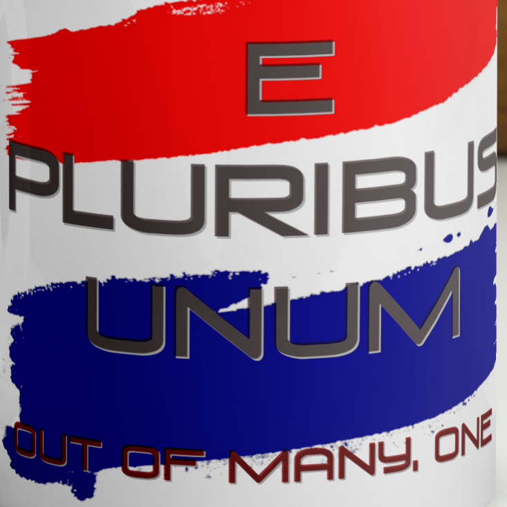 E Pluribus Unum white glossy mug with red, white, and blue design; free shipping included.