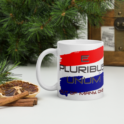 Pluribus Unum white glossy mug with red, white, and blue design representing unity and diversity.