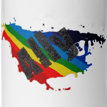 Rainbow Splotch Ally White glossy mug with vibrant paint splotch and black glitter ally text, symbolizing LGBTQIA+ diversity.
