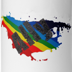 Rainbow Splotch Ally White glossy mug with vibrant paint splotch and black glitter ally text, symbolizing LGBTQIA+ diversity.