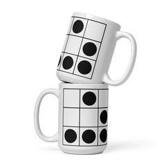 Coder Glider Coffee Mug, a glossy white ceramic mug with a black grid and bold circular glider pattern.
