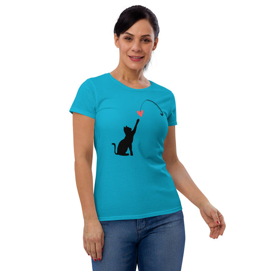 Black women's short sleeve t-shirt with "Cat Catching Heart" design, featuring a playful silhouette and heart graphic.
