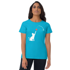 Women's t-shirt with cat catching heart graphic, 100% cotton, classic fit.