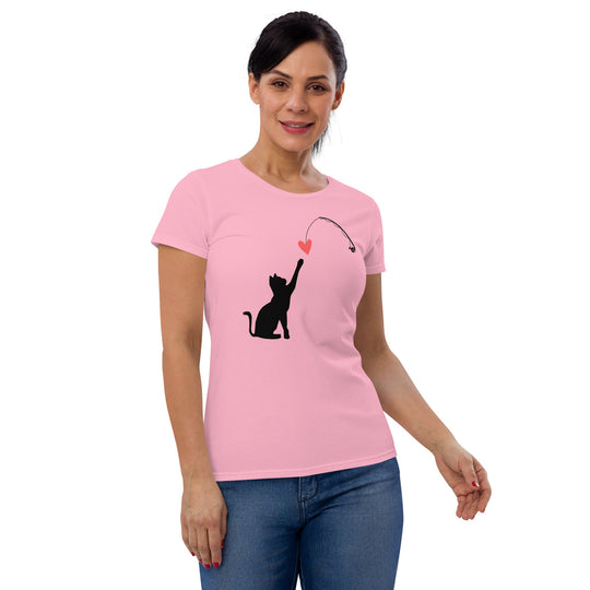Black cat and heart design on a women's pink short sleeve t-shirt.