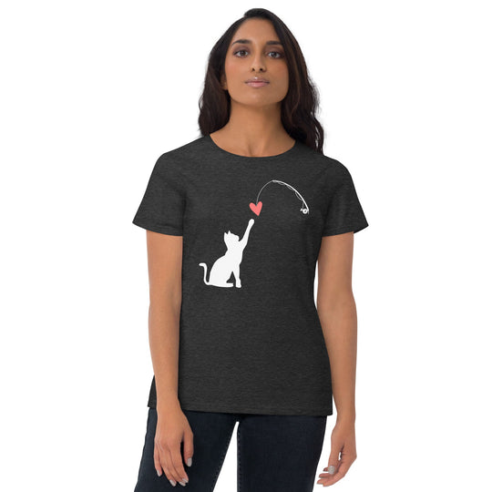 Cat Catching Heart women's t-shirt, dark color, short sleeve, white cat graphic with heart.