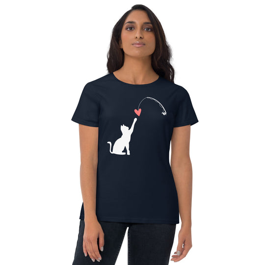 Cat Catching Heart white women's short sleeve t-shirt with cat and heart graphic.