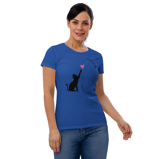 Black women's short sleeve t-shirt with cat catching heart design.