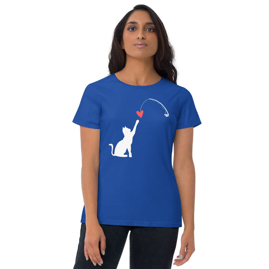 White cat catching heart women's short sleeve t-shirt, classic fit, blue fabric.