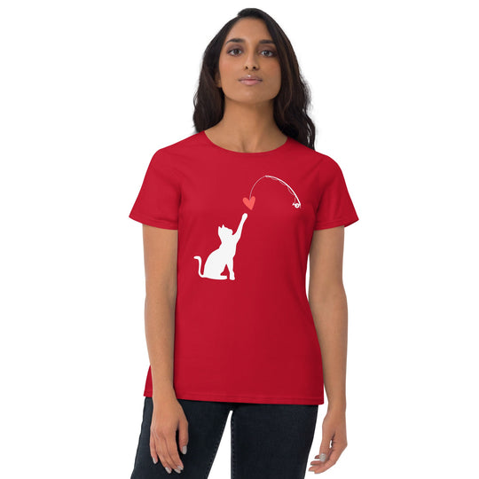 Cat Catching Heart white women's short sleeve t-shirt in red with cat and heart design.