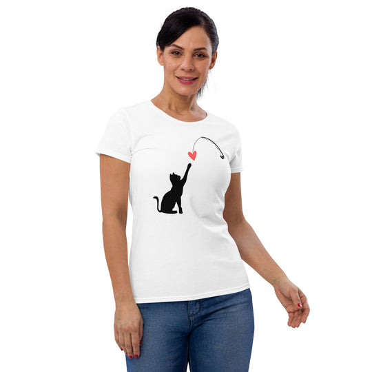 Cat Catching Heart (black) Women's short sleeve t-shirt, white, worn by a model.