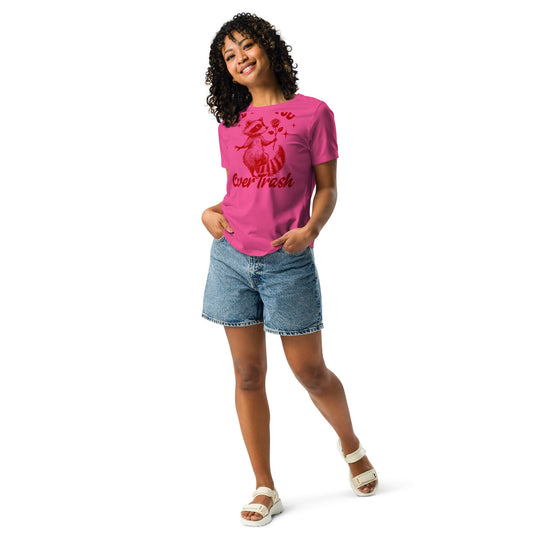 Red "I'd Pick You Over Trash" women's relaxed t-shirt with playful graphic, worn by a model in casual shorts, highlighting comfort and style.