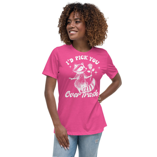 Raccoon "I'd Pick You Over Trash" women's relaxed t-shirt in white, featuring whimsical design.