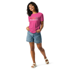 Dark women's relaxed t-shirt with "Mother - The Element of Life" design, worn by a woman in denim shorts.