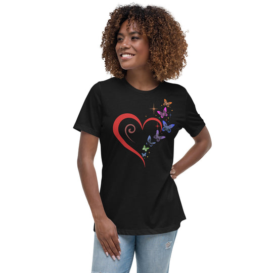 Women's relaxed t-shirt with heart, butterflies, and stars design.