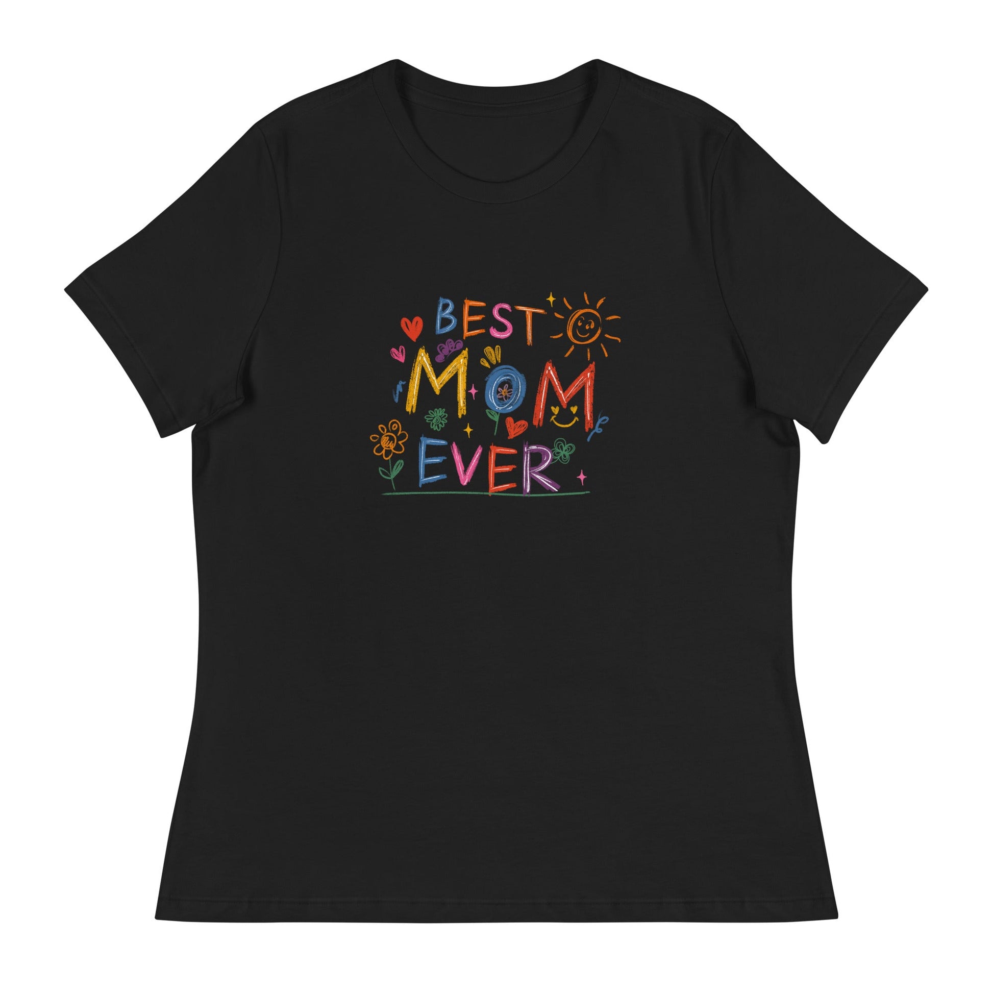 Best Mom Ever Women's Relaxed T-Shirt with colorful design on black background.