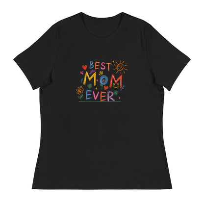 Best Mom Ever Women's Relaxed T-Shirt with colorful design on black background.