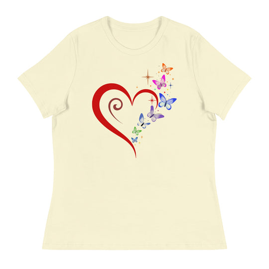 Heart, butterflies, and stars design on women's relaxed t-shirt.
