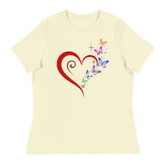 Heart, butterflies, and stars design on women's relaxed t-shirt.