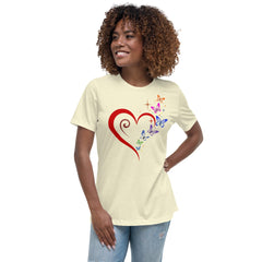 Woman wearing a heart, butterflies, and stars women's relaxed t-shirt, showcasing its soft fabric and relaxed fit.