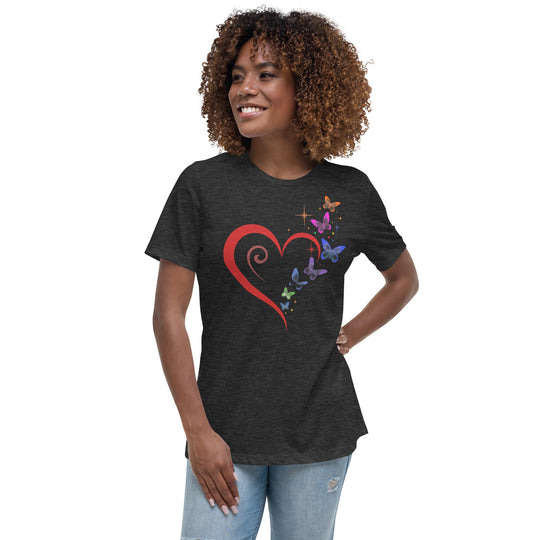 Heart, butterflies, stars design on women's relaxed T-shirt.