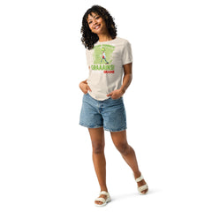Women's relaxed t-shirt with "Attack of the Vegan Zombies" design, featuring soft cotton and relaxed fit for comfort.