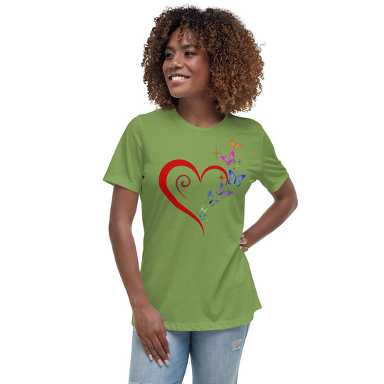 Women's relaxed t-shirt with heart, butterflies, and stars design, green color, casual fit.