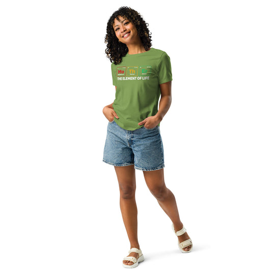 Dark green women's relaxed t-shirt featuring "Mother - The Element of Life" design, paired with denim shorts.